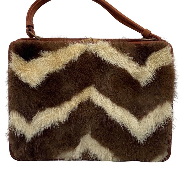 Vtg NETTIE ROSENSTEIN Mink Fur Silk Animal Print Handbag Purse 1950s - Picture 5 of 10